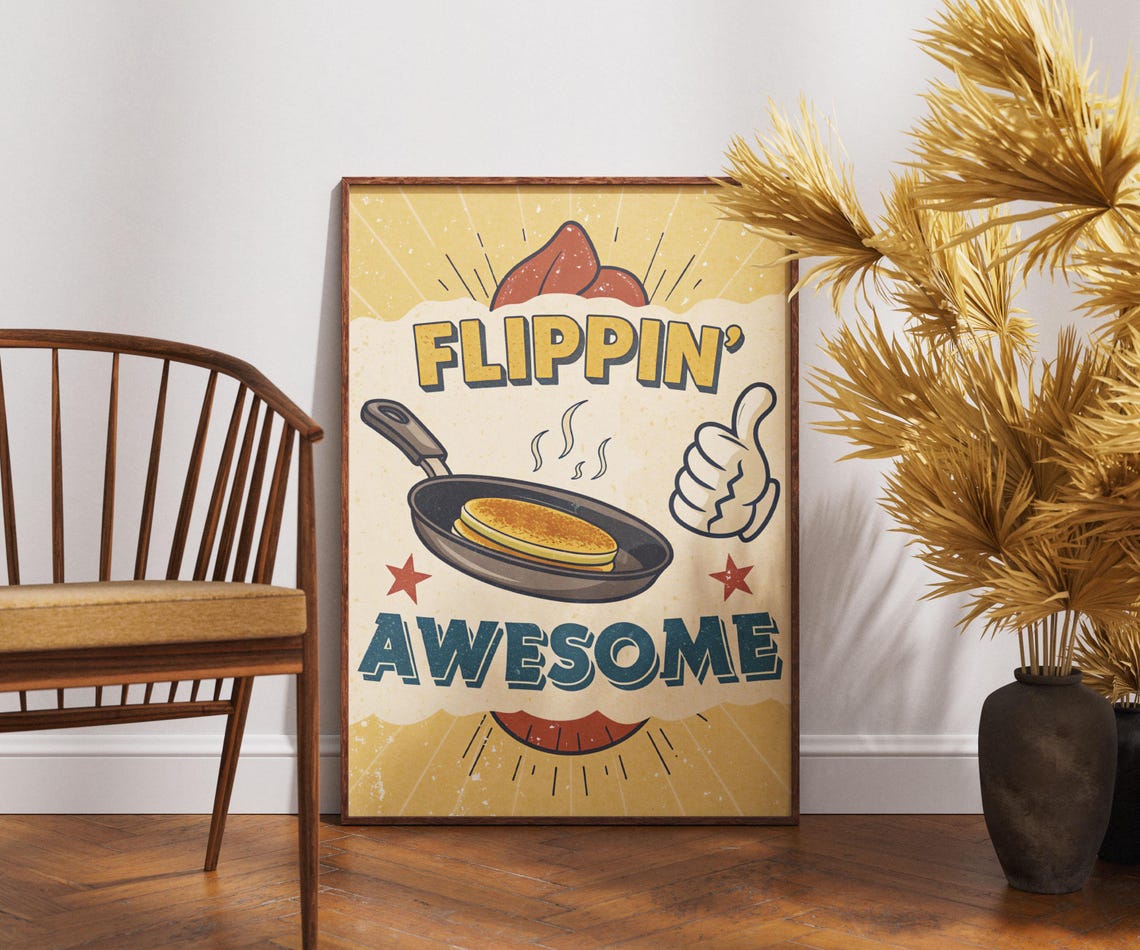 Flippin Awesome Poster Funny Pancake Wall Art Retro Kitchen Decor Vintage Breakfast Print Quirky Food Lover