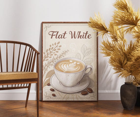 Vintage Flat White Poster Retro Coffee Wall Art Classic Shop Decor Midcentury Kitchen Print Lover