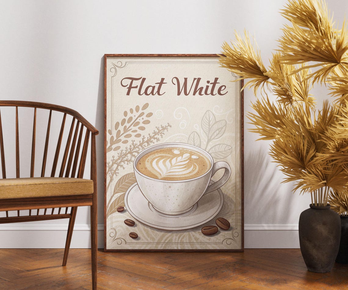 Vintage Flat White Latte Art Retro Coffee Shop Kitchen Wall Poster