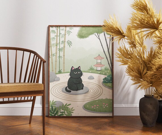 Zen Black Cat Japanese Rock Garden Grumpy Bamboo Pagoda Art Poster