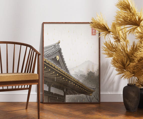 Golden Rain On Temple Roof Print Japanese Architecture Wall Art Kintsugi Style Zen Poster Wabi Sabi Inspired Minimalist Decor
