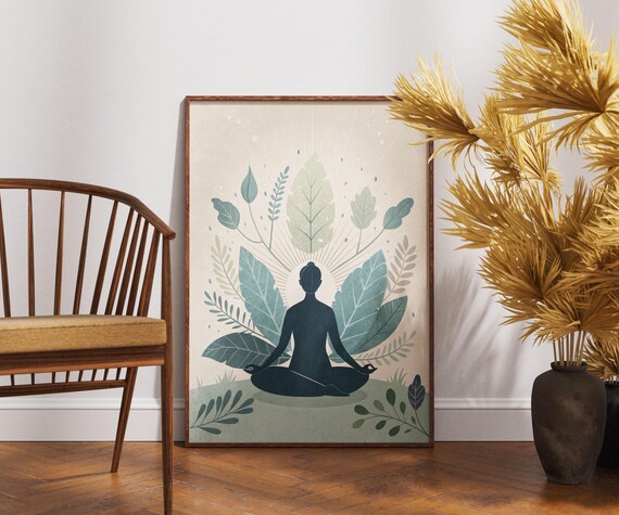 Meditation Zen Woman Silhouette Botanical Mindfulness Art Poster