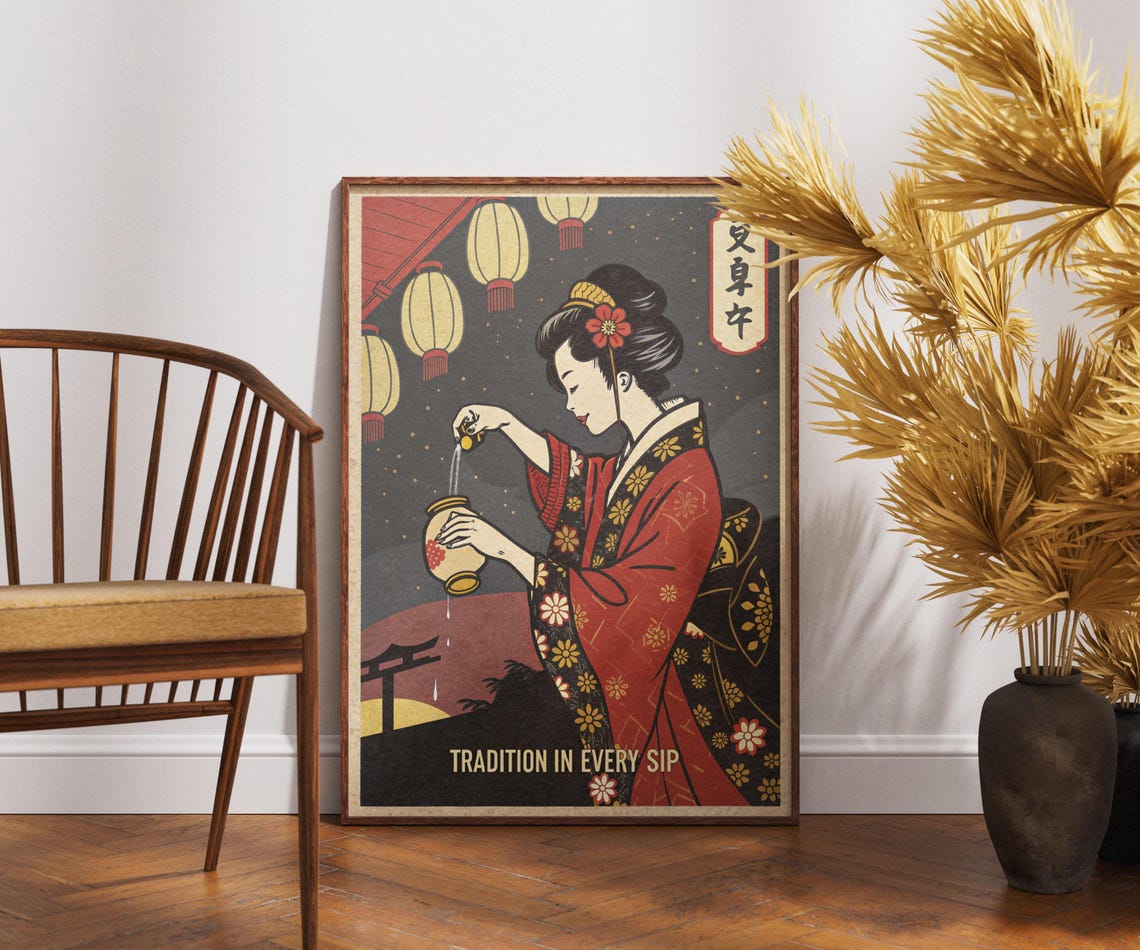 Geisha Tea Tradition In Every Sip Lanterns Night Japanese Art Poster
