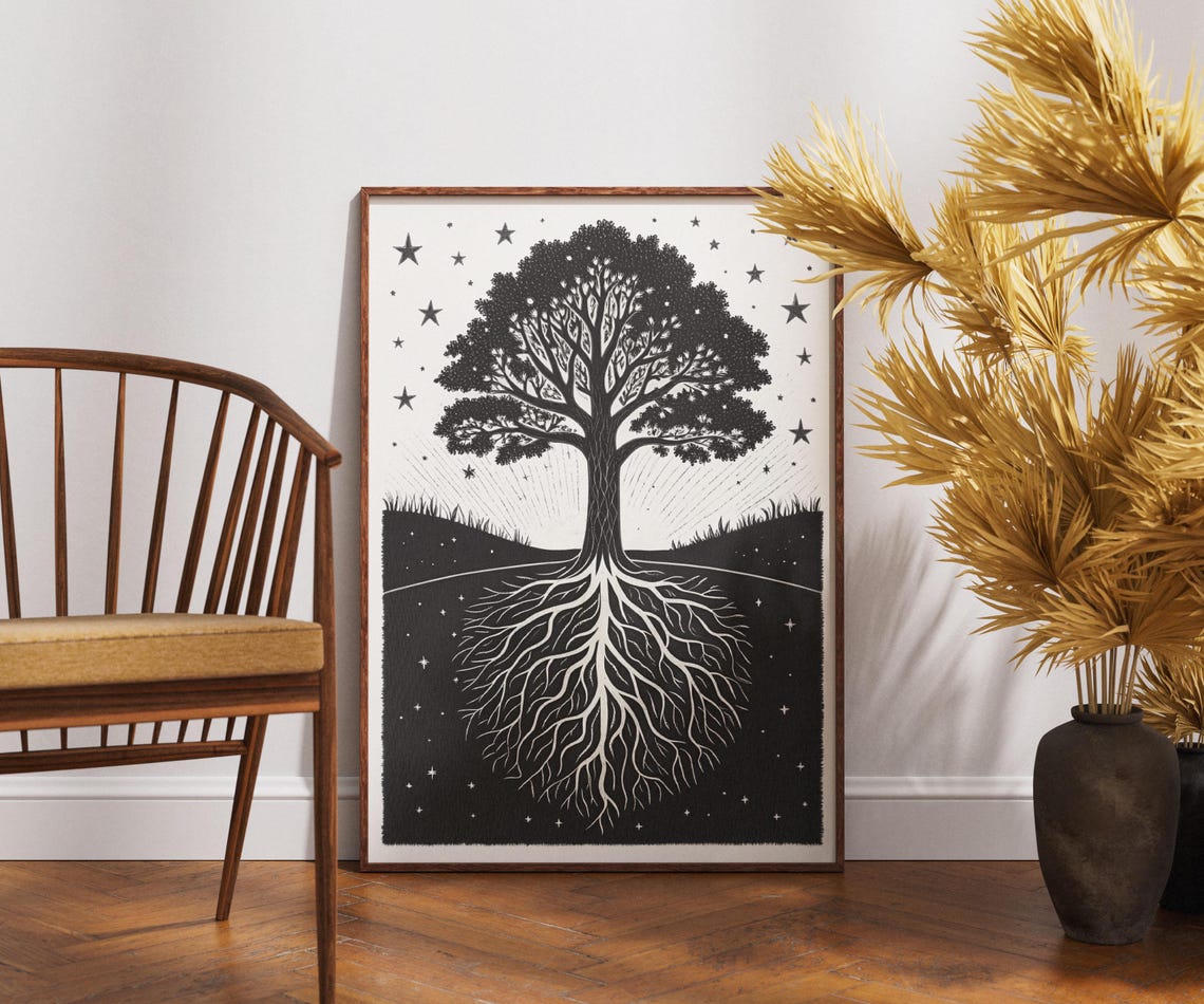 Tree of Life Poster Black White Roots Stars Celestial Nature Art