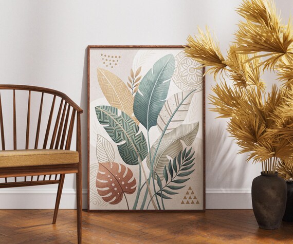 Tropical Leaf Wall Art Boho Jungle Print Geometric Botanical Poster Modern Plant Illustration Earthy Green And Beige Decor