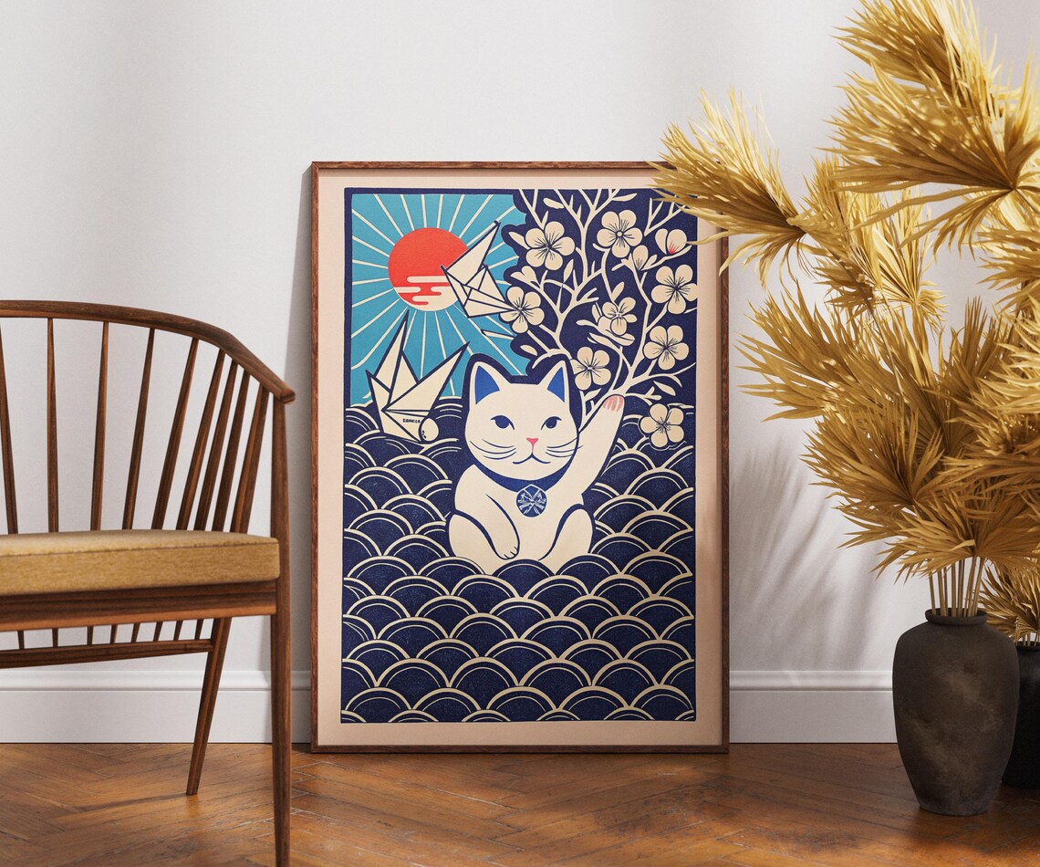 Maneki Neko Lucky Cat Poster Origami Cranes Retro Japanese Wave Art