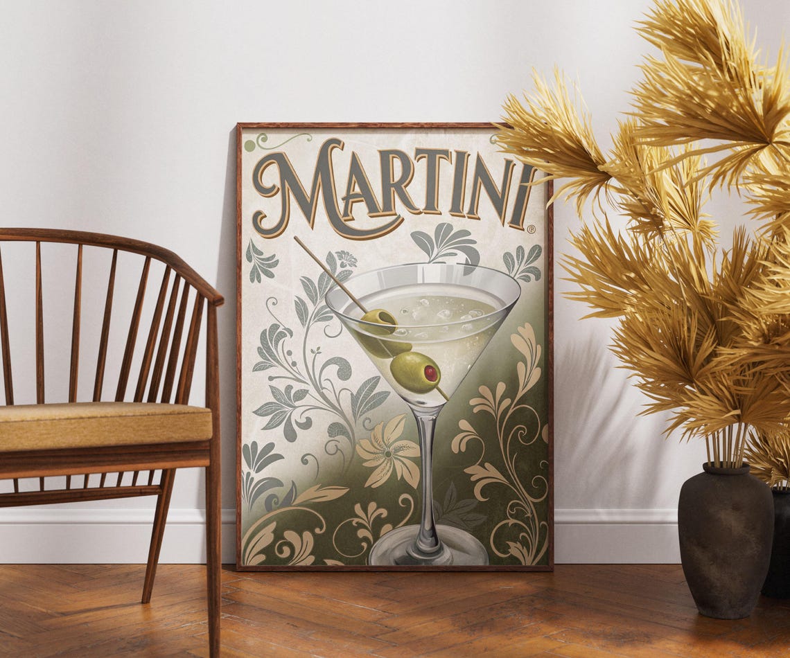 Vintage Martini Cocktail Olive Retro Bar Elegant Classic Drink Poster