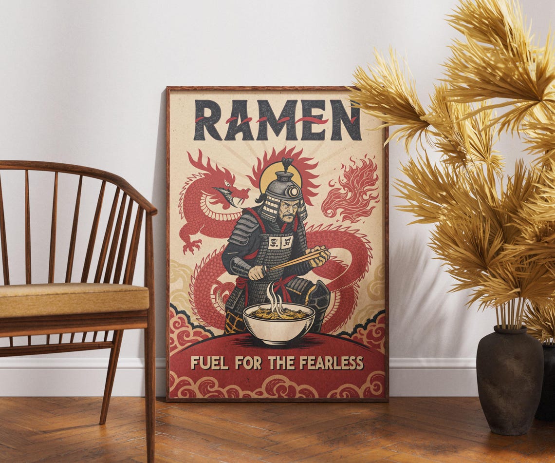 Samurai Ramen Fearless Retro Japanese Food Dragon Art Poster