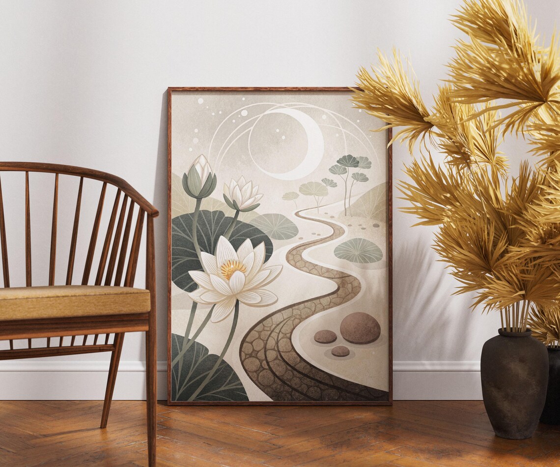 Moon Zen Garden Lotus Flowers Minimalist Floral Path Art Poster