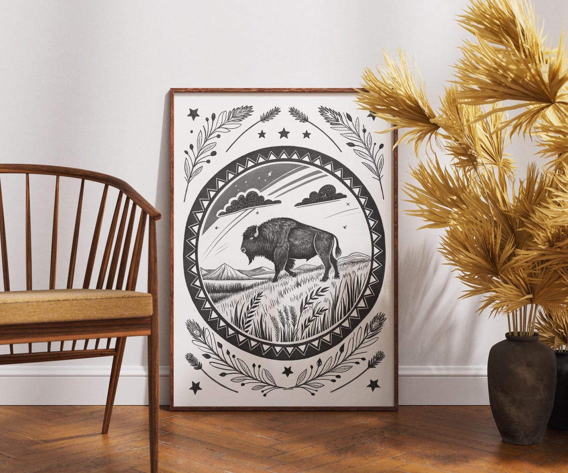 Buffalo Art Print Black And White Prairie Animal Poster Folk Western Wall Decor Rustic Bison Illustration With Stars Grass