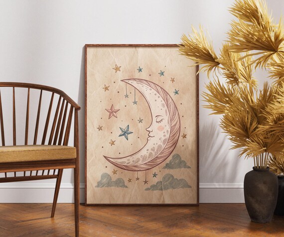 Whimsical Moon Face Night Sky Nursery Celestial Stars Cloud Poster