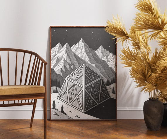 Geometric Mountain Art Print Black And White Scifi Landscape Poster Surreal Pyramid Forest Decor Cosmic Nature Wall Artwork