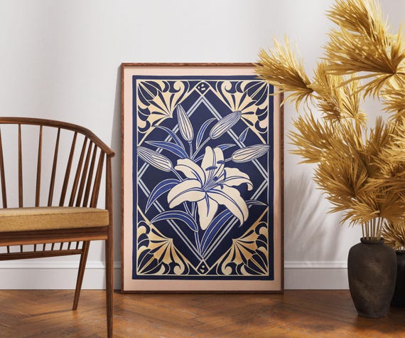 Vintage Ivory Lily Poster Linocut Ornament Art Print Retro Floral Wall Decor Boho Botanical Illustration Elegant Nature Artwork