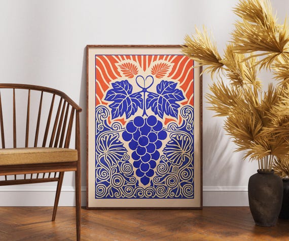 Vintage Grape Vineyard Poster Linocut Ornate Wine Art Retro Botanical Wall Decor Boho Illustration Rustic Nature Print
