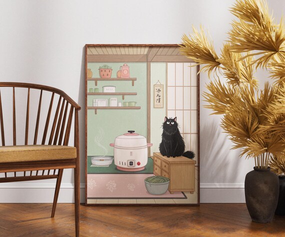 Black Cat In Cozy Japanese Kitchen Beside Steaming Rice Cooker Poster