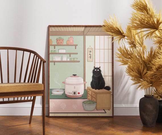 Black Cat In Japanese Kitchen Art Cute Cozy Cooking Decor Japandi Foodie Wall Print Minimalist Kawaii Poster Steam Rice Artwork