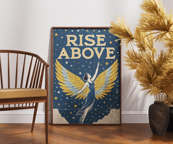 Rise Above Angel Wings Retro Starry Night Inspirational Poster