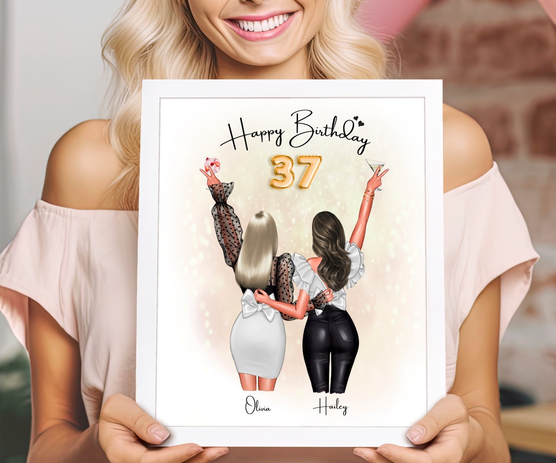 Custom 37th Birthday Poster Two Best Friends Raising Cocktail Toasts