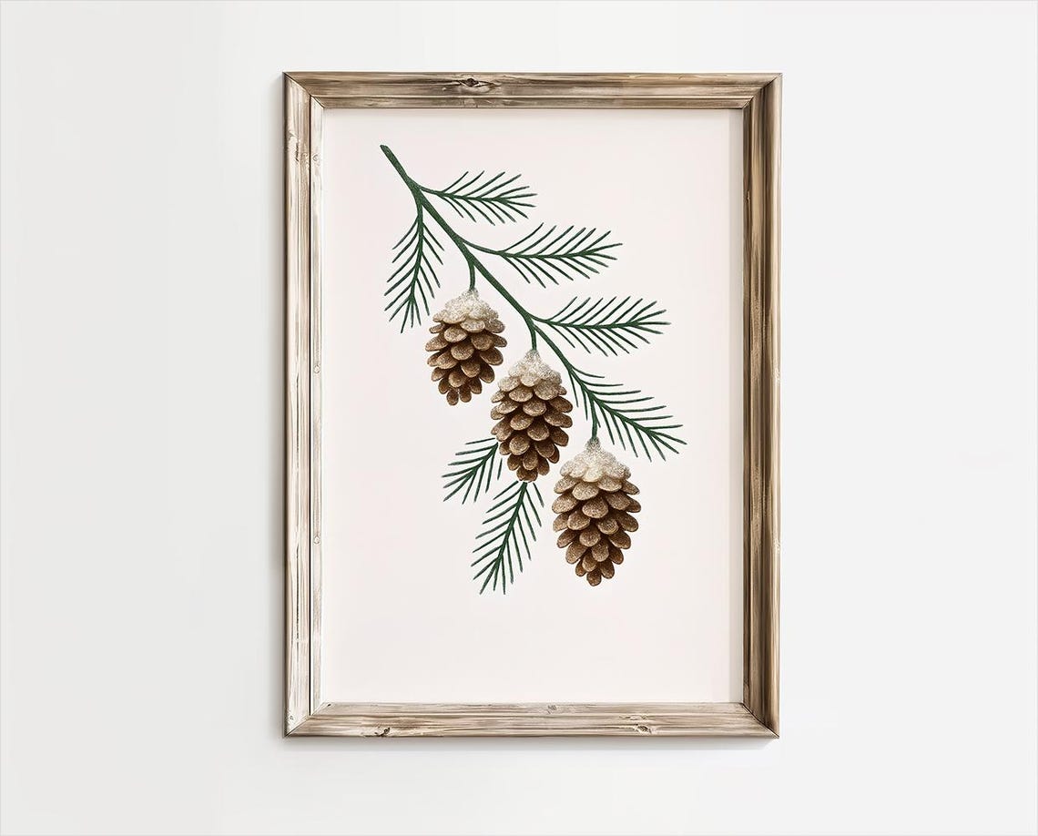 Snowy Pine Cones On Evergreen Branch Minimalist Winter Art Poster