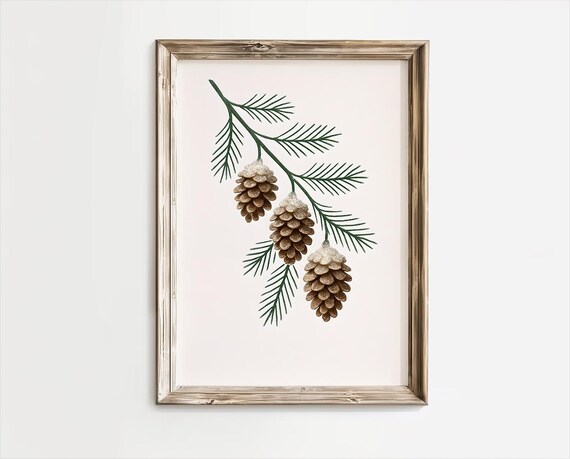 Snowy Pine Cones On Evergreen Branch Minimalist Winter Art Poster