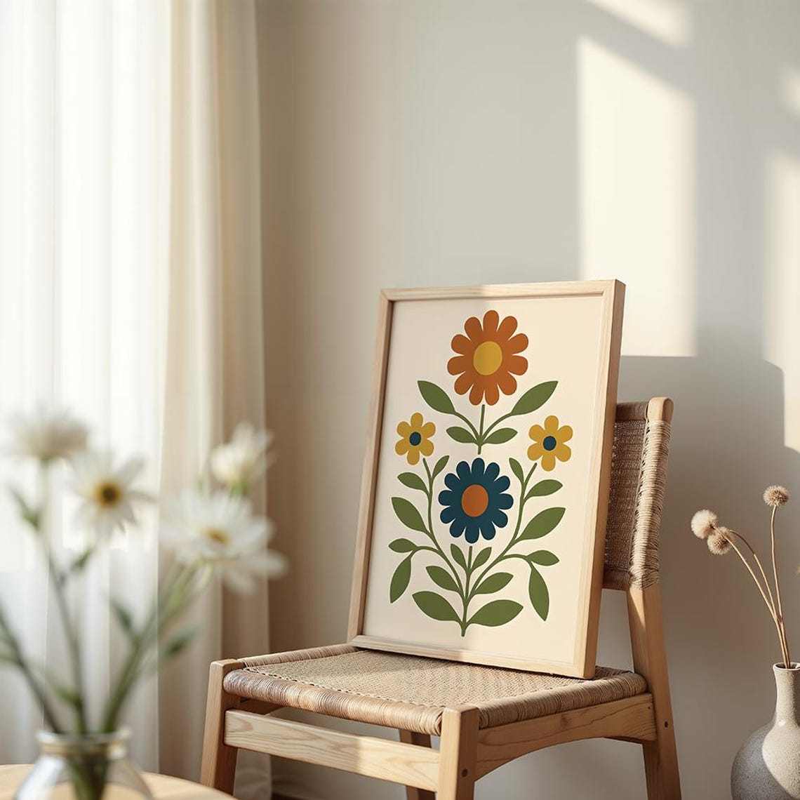 Scandinavian Folk Art Floral Retro Orange Teal Flower Wall Poster