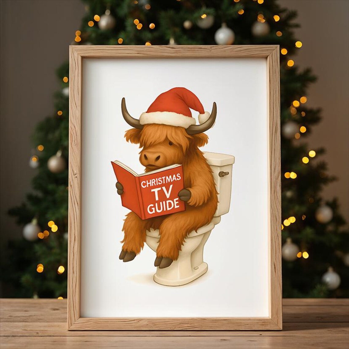 Fluffy Highland Cow In Santa Hat Reading Christmas TV Guide Bathroom Art Poster