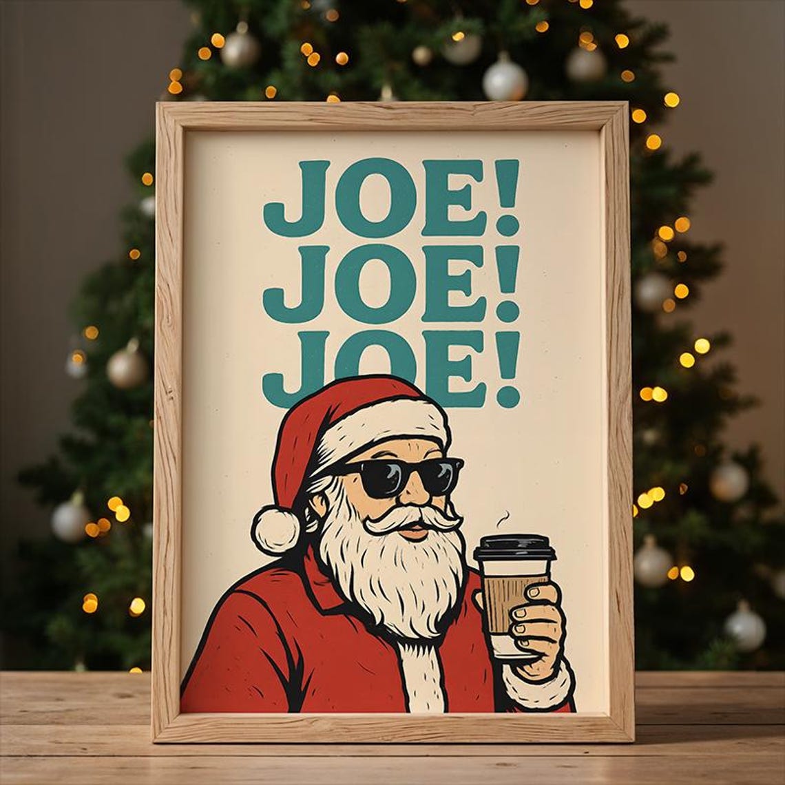 Retro Santa In Sunglasses Drinking Coffee Cup Christmas Poster