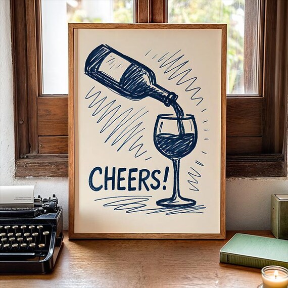 Cheers Wine Bottle Pouring Doodle Sketch Bar Cart Art Poster