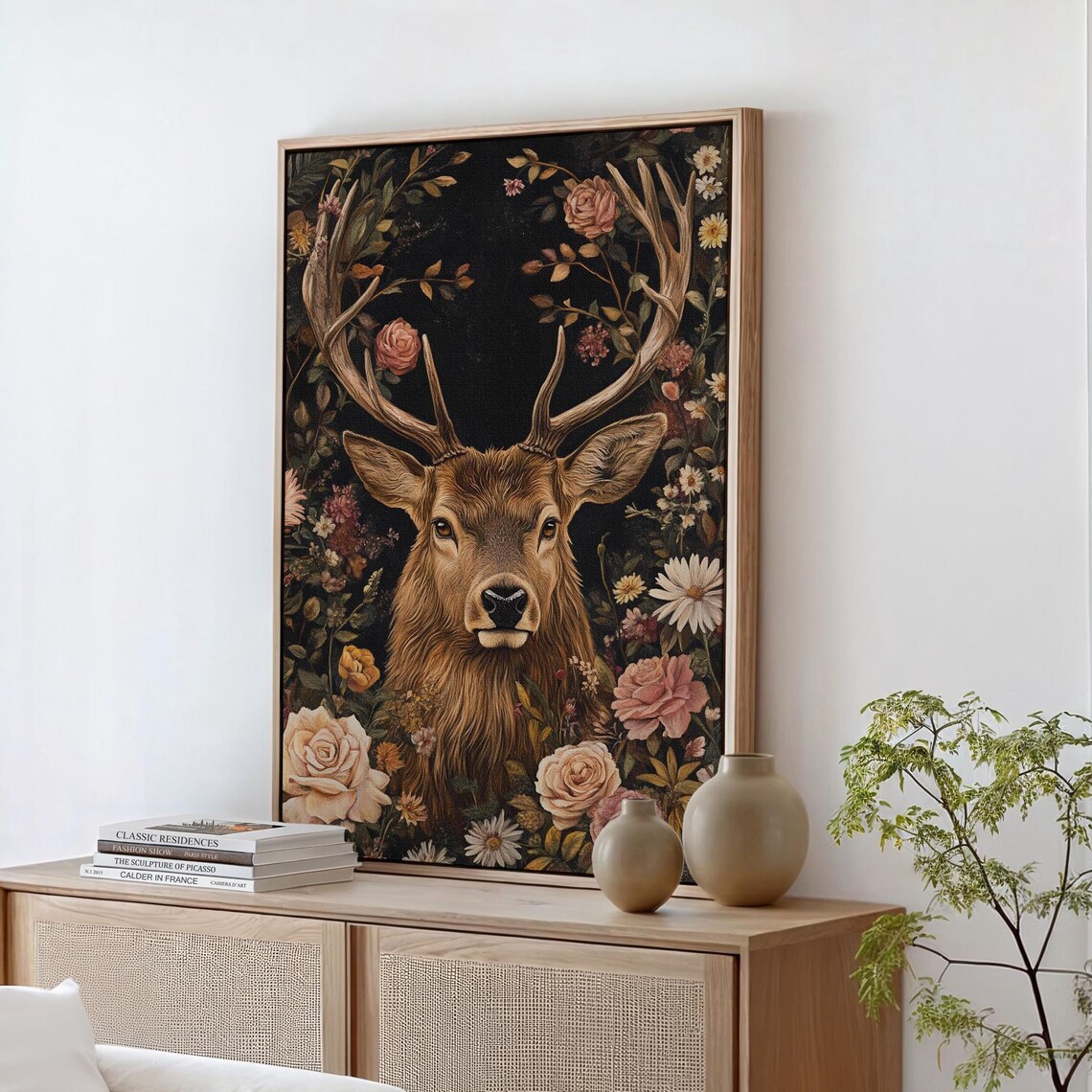 Noble Red Deer Stag Among Peonies Dark Vintage Botanical Poster