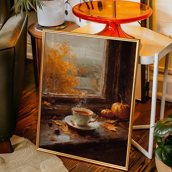 Autumn Tea Still Life Cozy Window Pumpkin Oil Painting Poster