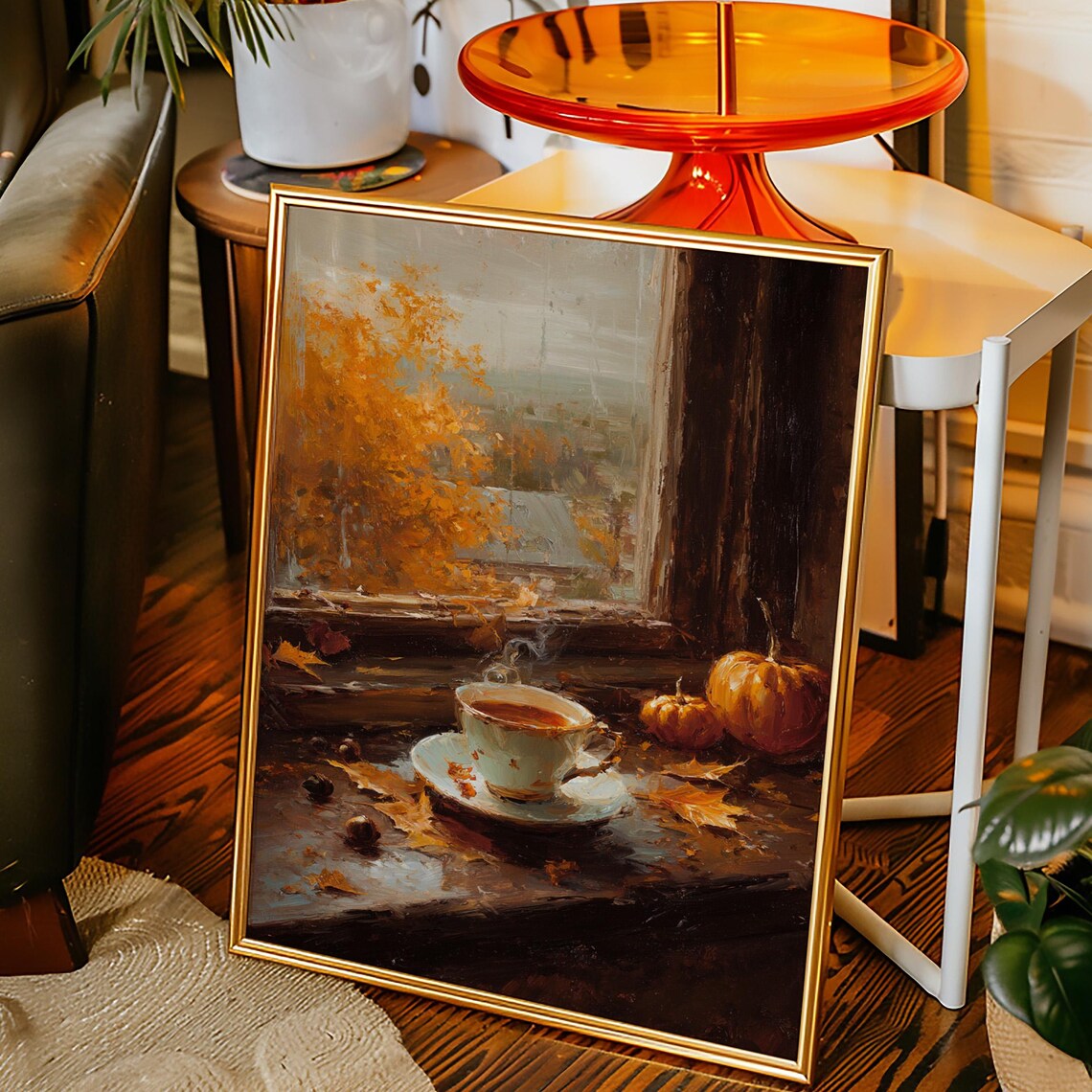 Autumn Tea Still Life Cozy Window Pumpkin Oil Painting Poster