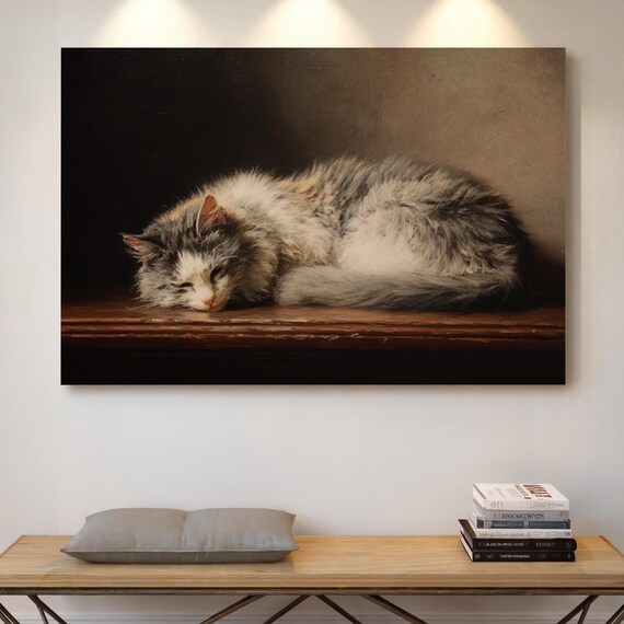 Sleeping Gray Cat Curled Up on a Wooden Table Cozy Realistic Poster