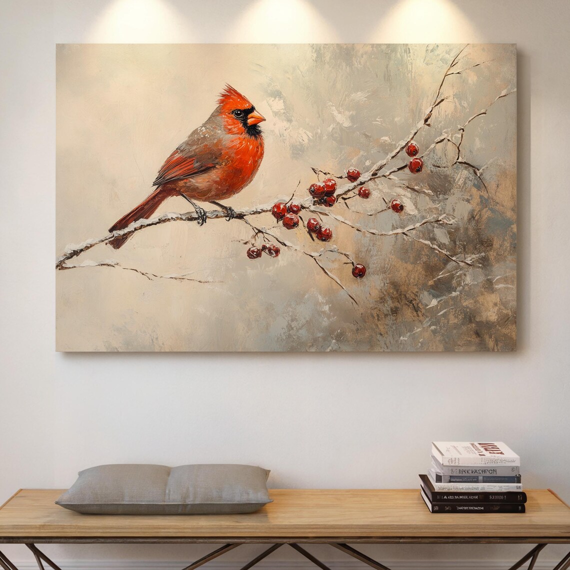 Red Cardinal On Snowy Branch With Winter Berries Nature Poster