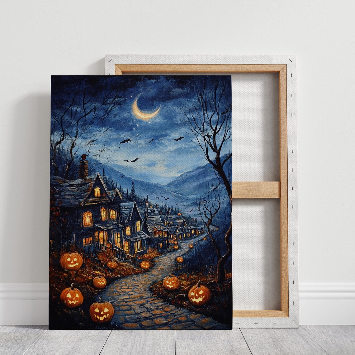Spooky Halloween Night Haunted Houses Jack O Lanterns Crescent Moon Print