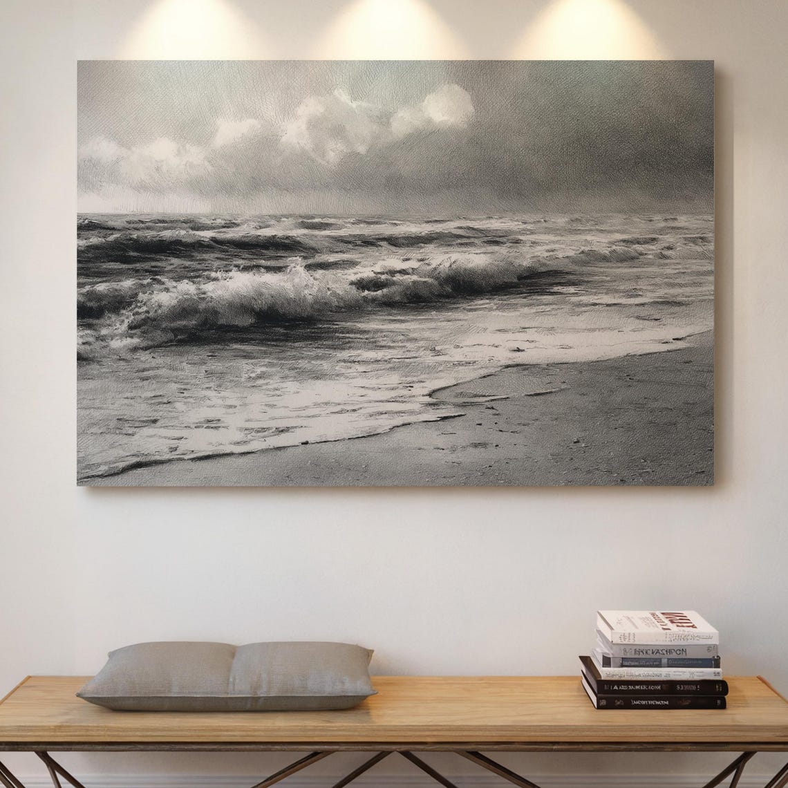 Black And White Ocean Waves Sketch Coastal Beach Scene Wall Art