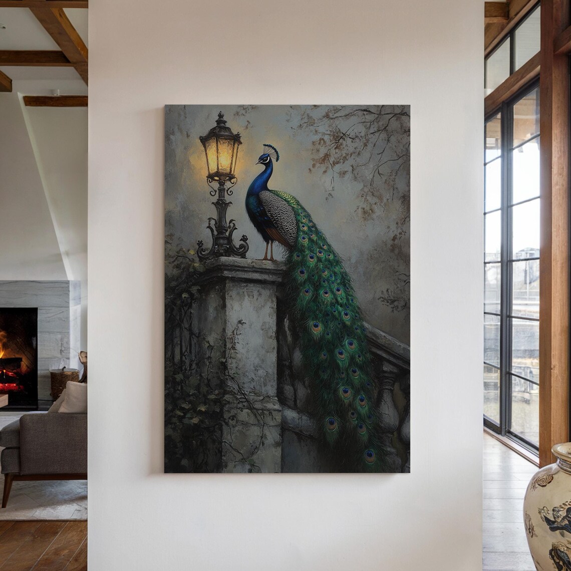 Elegant Peacock With Lantern Vintage Art Print