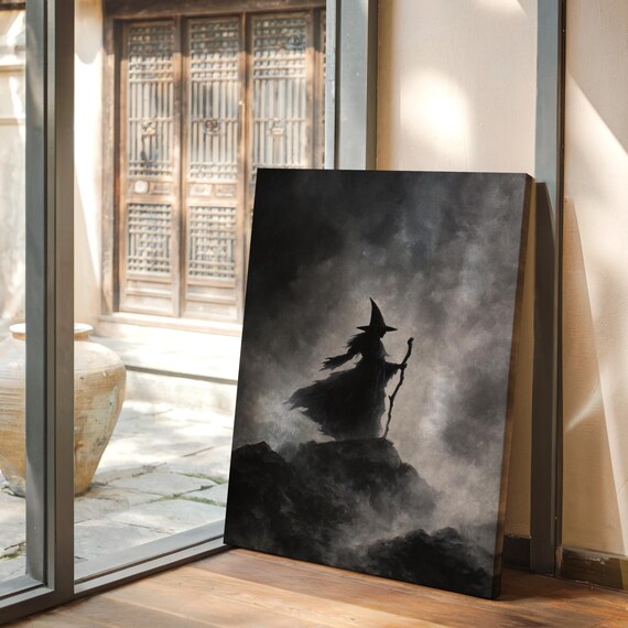 Witch Silhouette on Misty Cliff in Dark Gothic Painting Art Poster