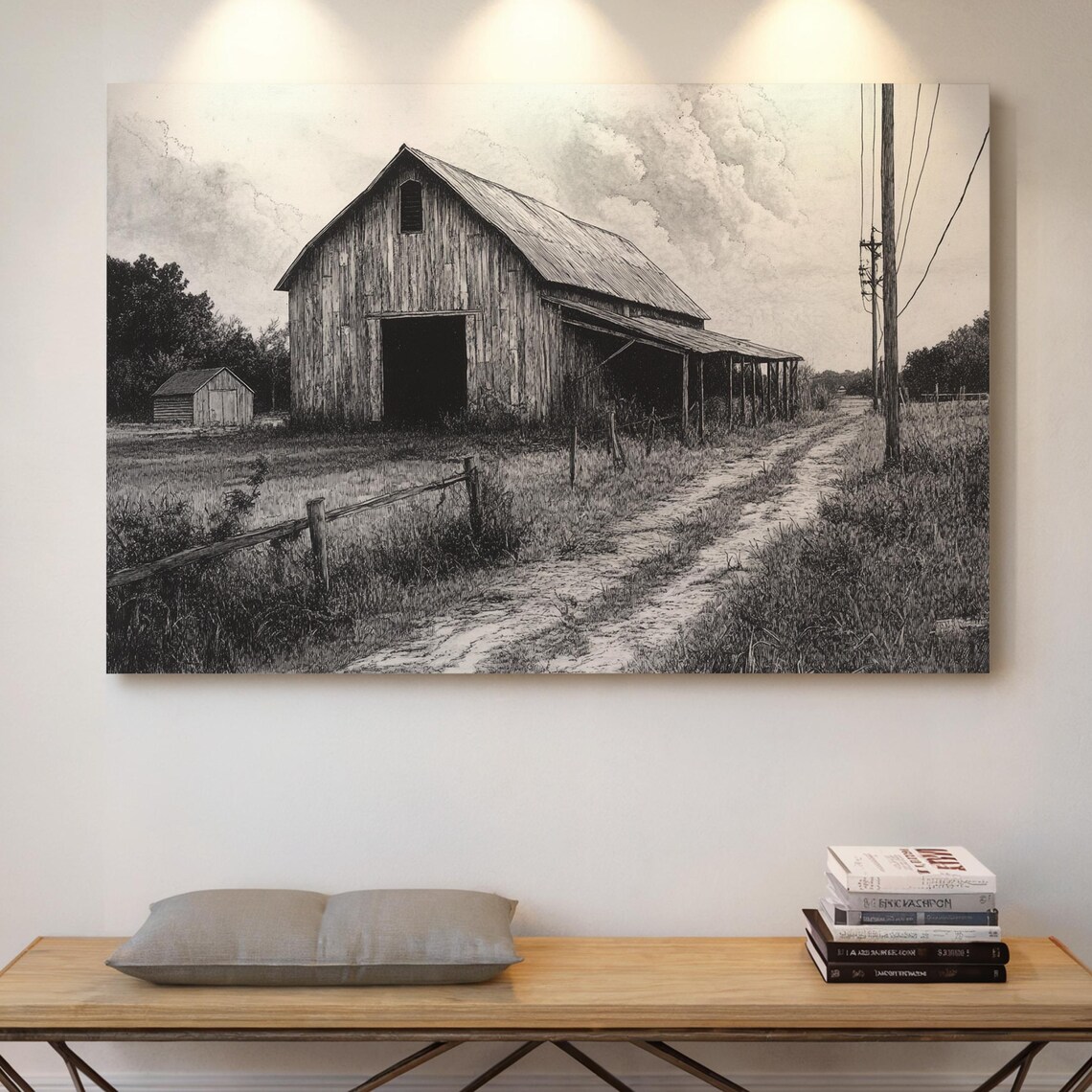 Vintage Barn Ink Drawing Old Dirt Road Countryside Farm Poster
