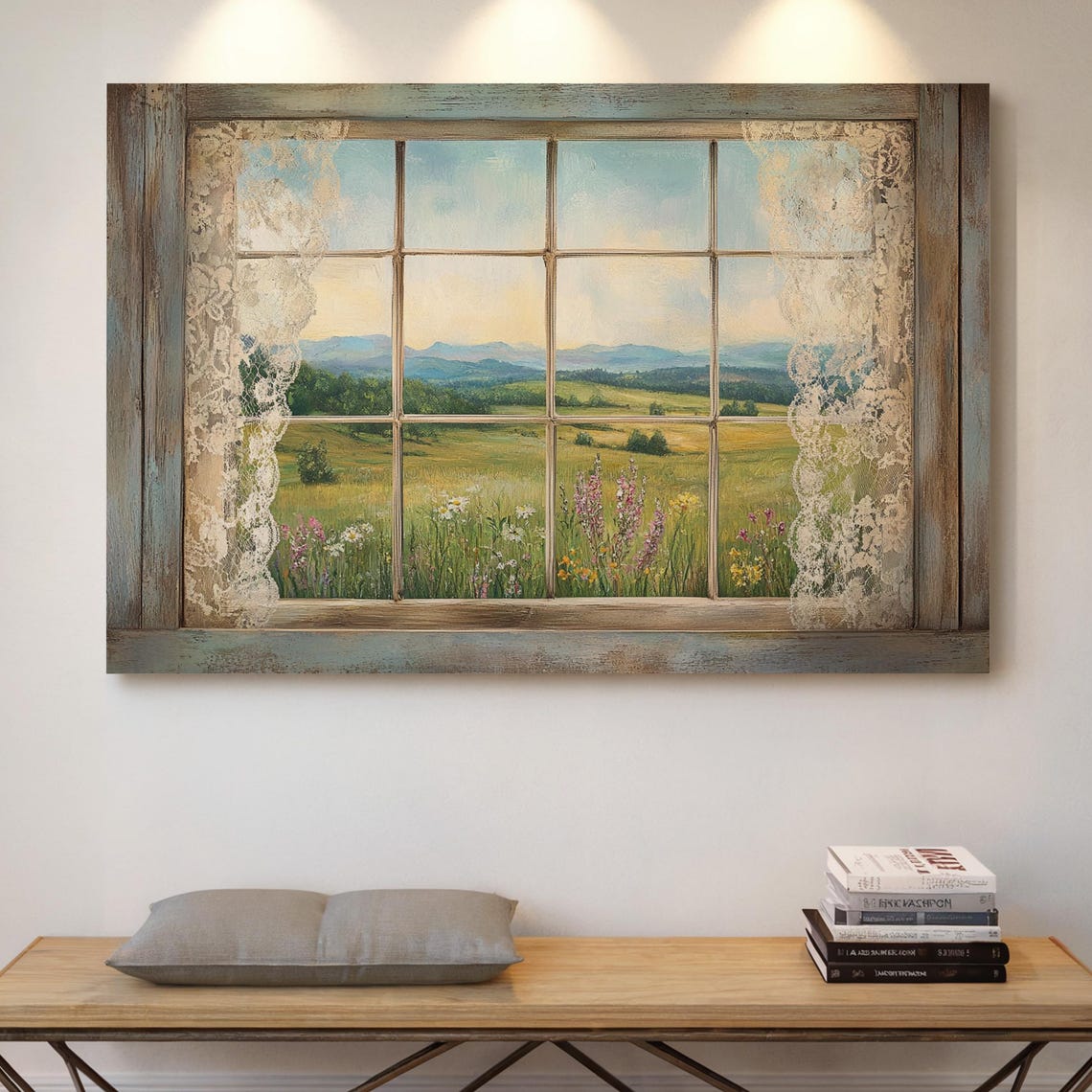 Rustic Window View Over Wildflower Meadow Vintage Lace Poster