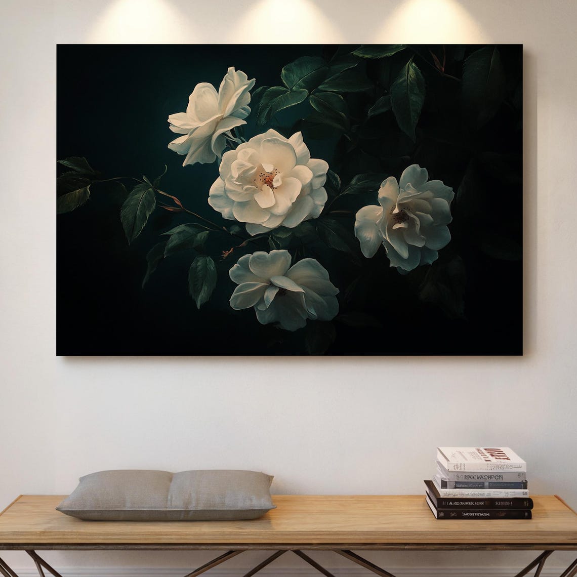 White Roses Dark Botanical Floral Oil Painting Moody Flower Poster