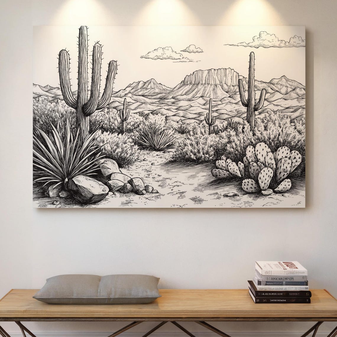 Monochrome Desert Cactus Ink Sketch Southwest Landscape Wall Poster
