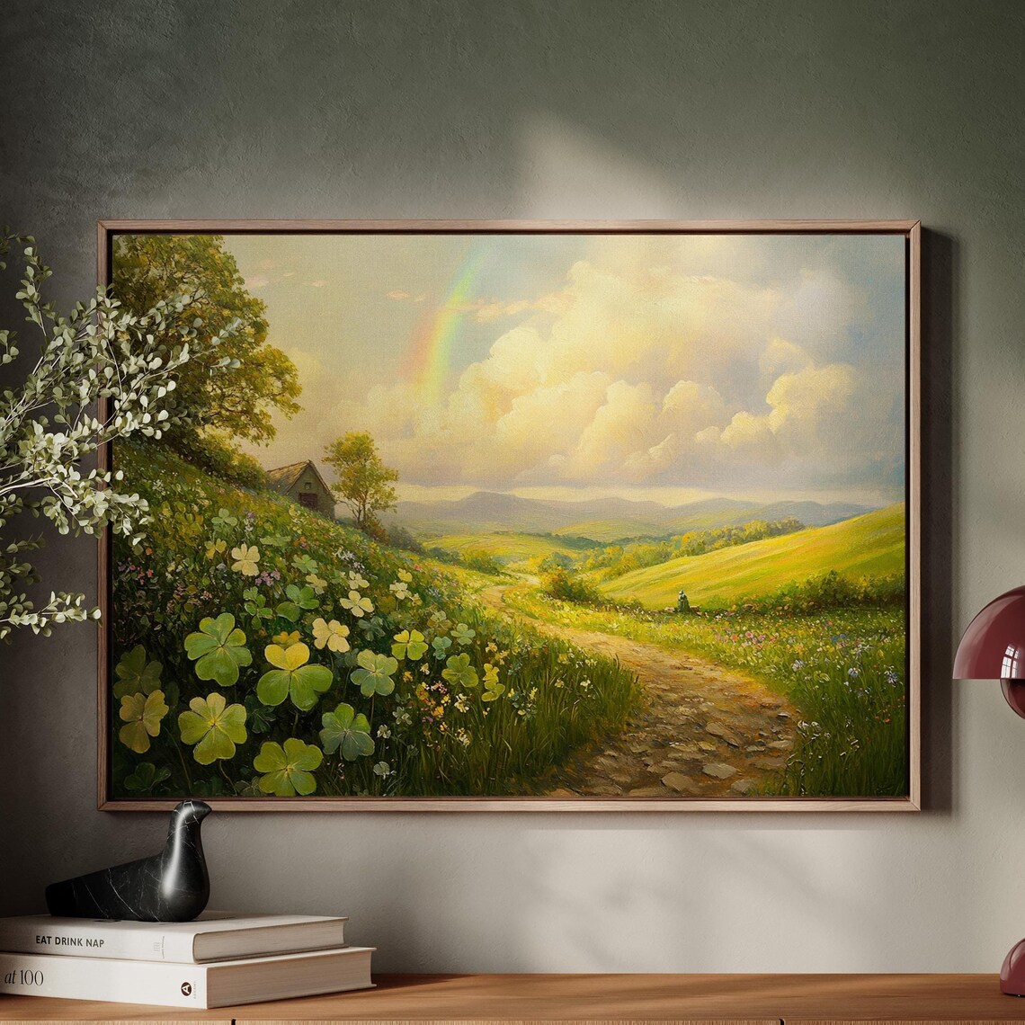 Rainbow Over Countryside Hills Wildflower Meadow Cottage Path Wall Art