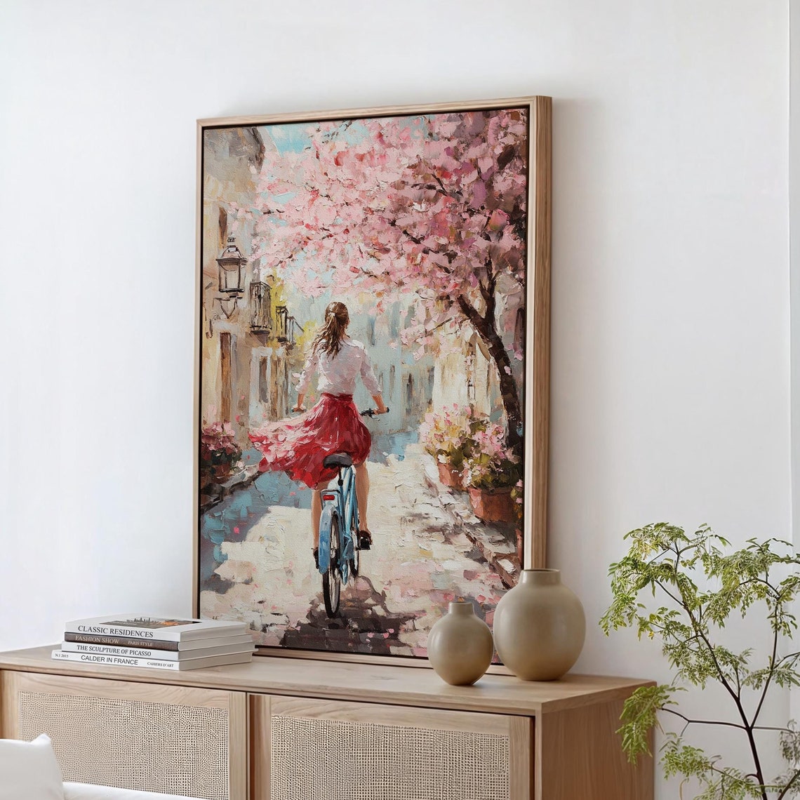 Spring Cherry Blossom Lane Woman Cycling Oil Painting Poster