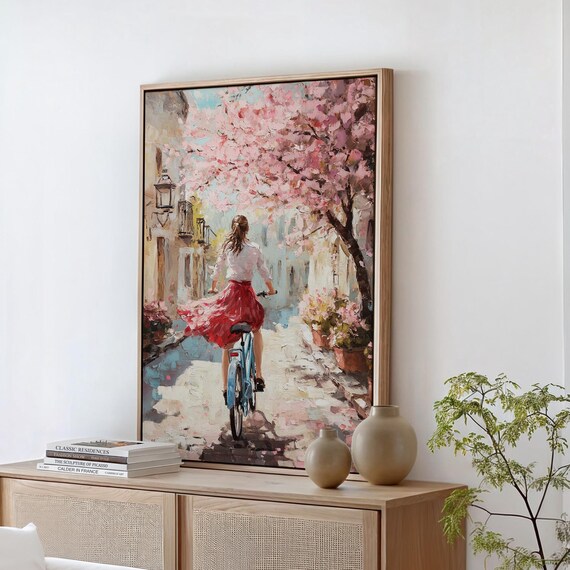 Spring Cherry Blossom Lane Woman Cycling Oil Painting Poster
