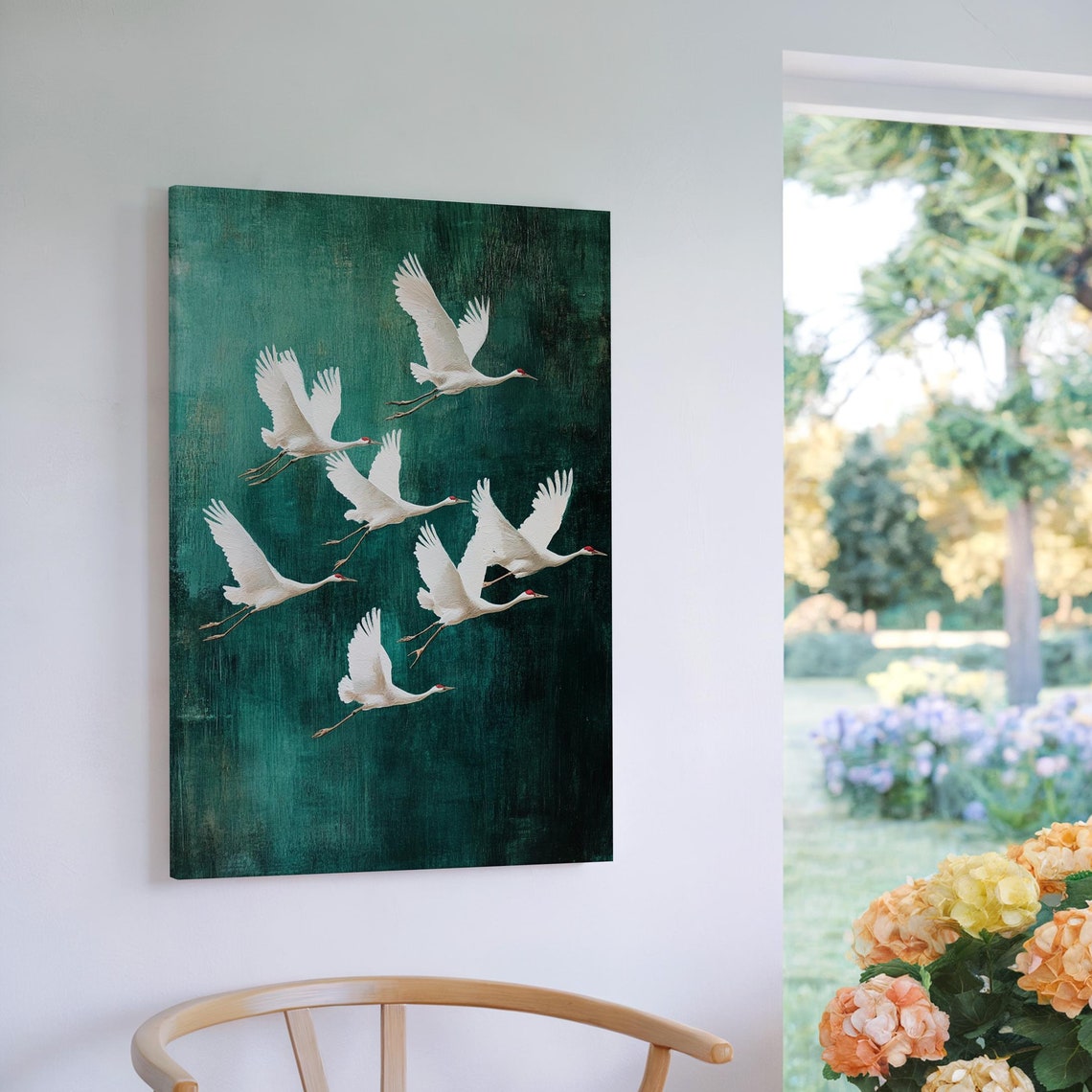 Seven White Cranes In Flight Teal Green Minimalist Bird Poster