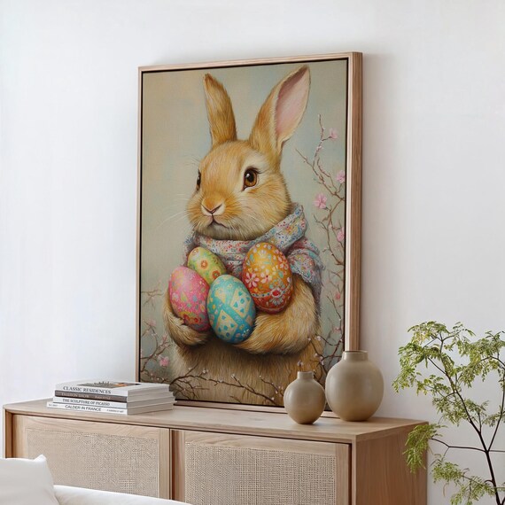 Golden Bunny Holding Painted Easter Eggs With Cherry Blossoms Wall Art