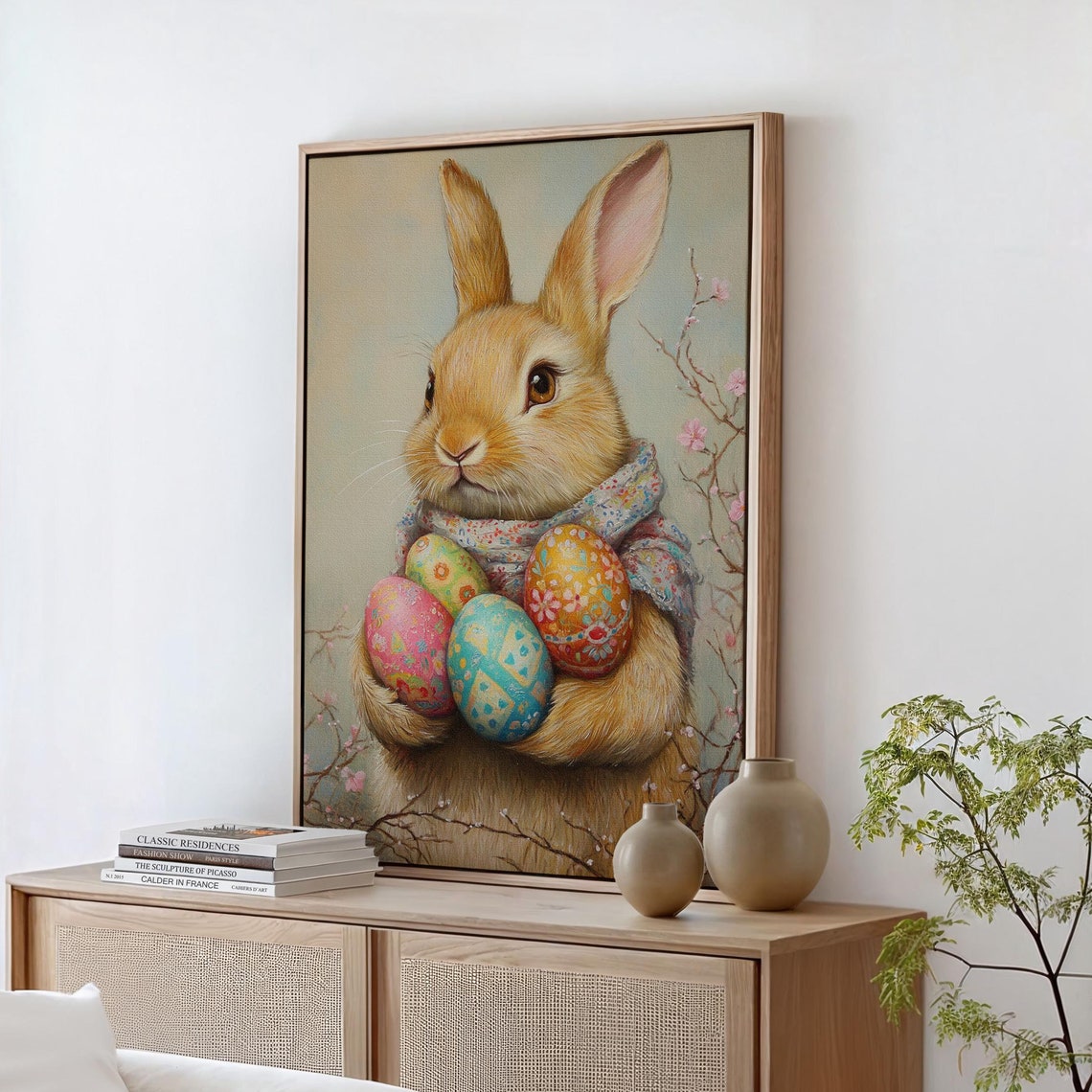Golden Bunny Holding Painted Easter Eggs With Cherry Blossoms Wall Art