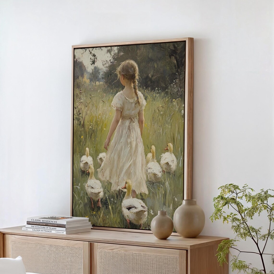 Young Girl With White Ducks Sunlit Meadow Pastoral Vintage Poster