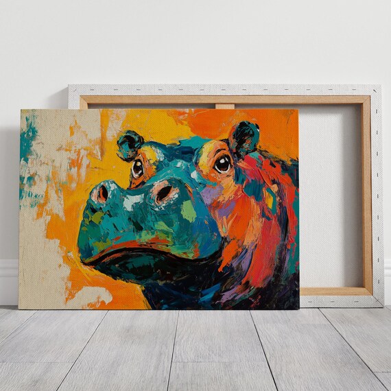 Bold Colorful Abstract Hippo Portrait in a Modern Art Poster
