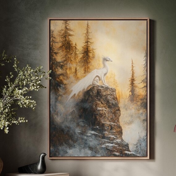 Majestic White Dragon Overlooking Misty Forest Wall Art For Fantasy Decor